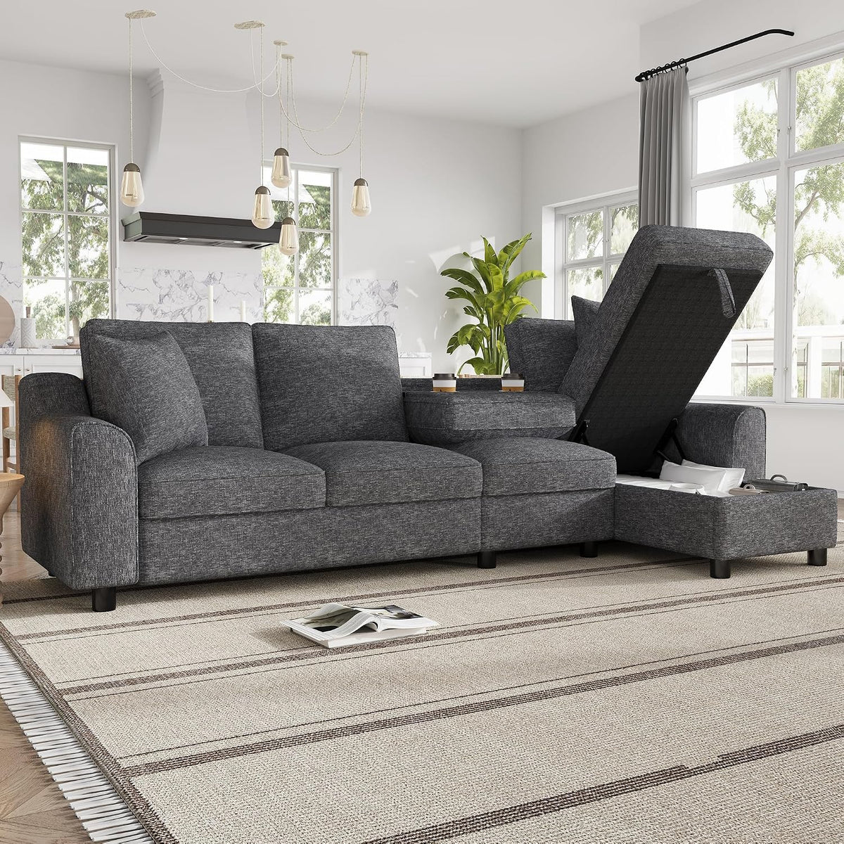 Merax Ecksofa mit Chaiselongue und Stauraum, 4-Sitzer Sofa mit klappbarer Rückenlehne und Getränkehaltern, L-Form Wohnlandschaft aus Chenille, Grau