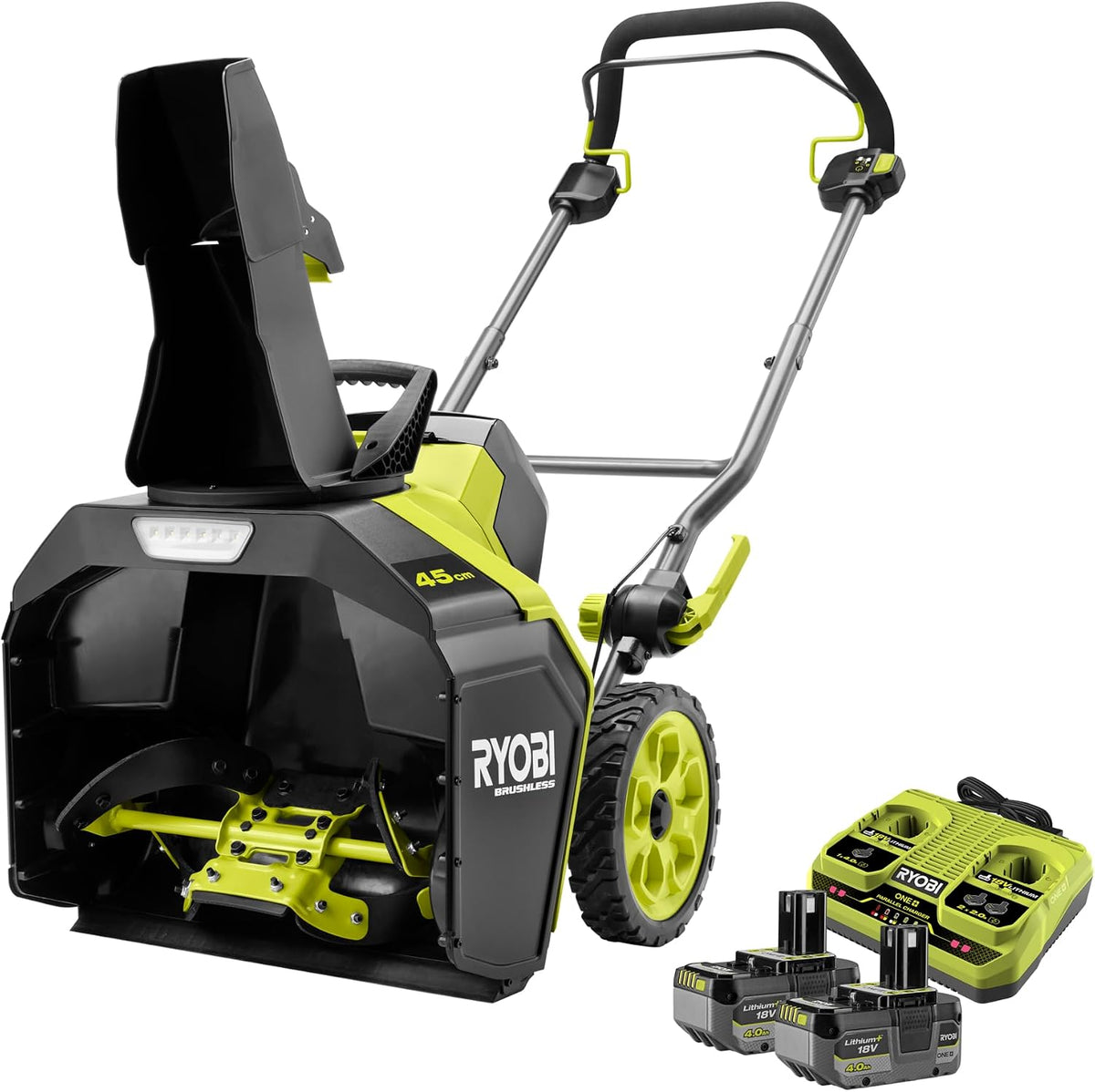 RYOBI 18 V ONE+ Akku-Schneefräse RY18STX45A-240, 45 cm Räumbreite, inkl. 2 x 4,0 Ah Akku und 2,0 A Ladegerät