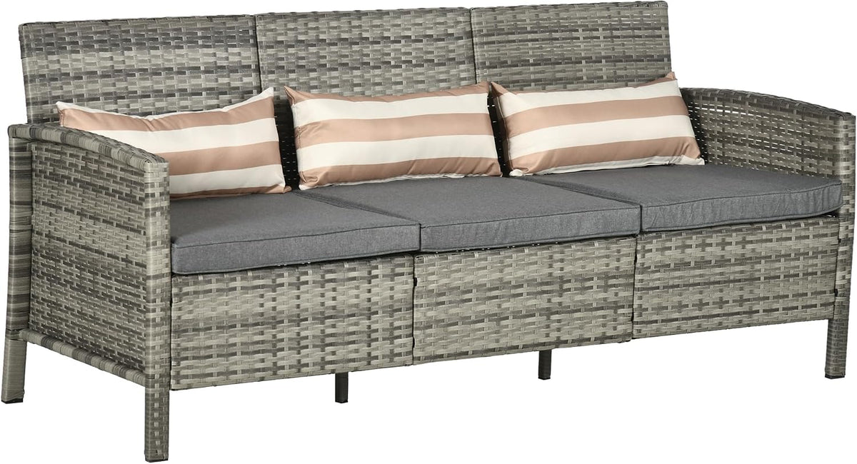 Outsunny Rattan Sofa mit Kissen Dreisitzer Stahl 173 x 68 x 78 cm Grau