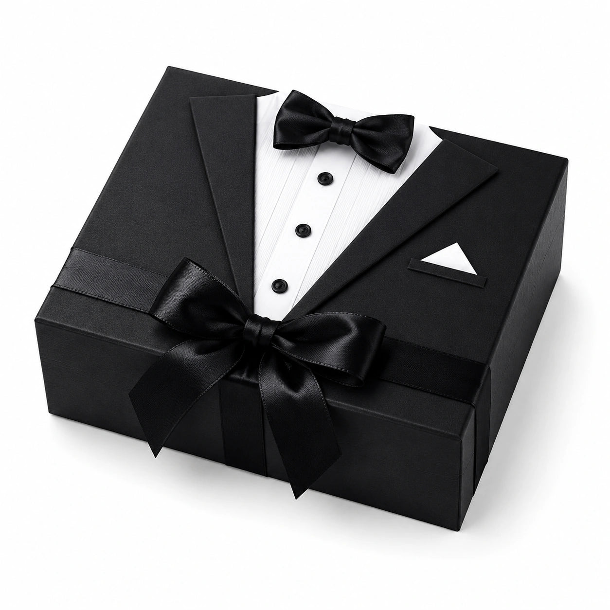 Geschenkbox 25 x 20 x 10 cm aus Karton Schwarz Weiß mit Schleife im Smokingdesign