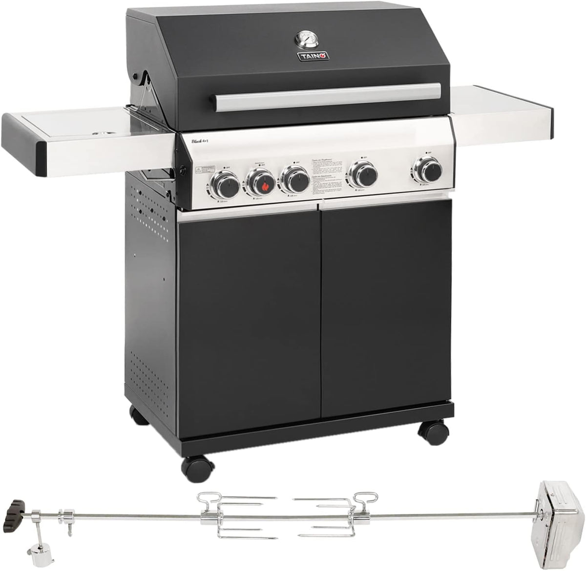 TAINO BLACK 4+1 Set mit Drehspieß Gasgrill Rotisserie mit Motor 4 Brenner Keramik-Sear Zone elektrischer Fleischspieß Grillwagen