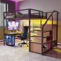 Merax Metall-Hochbett 140x200 cm, Schwarz (ohne Matratze), Leiter-Aufbewahrung und offenem Schrank, Stauraum unter dem Bett, mit LED-APP-Band