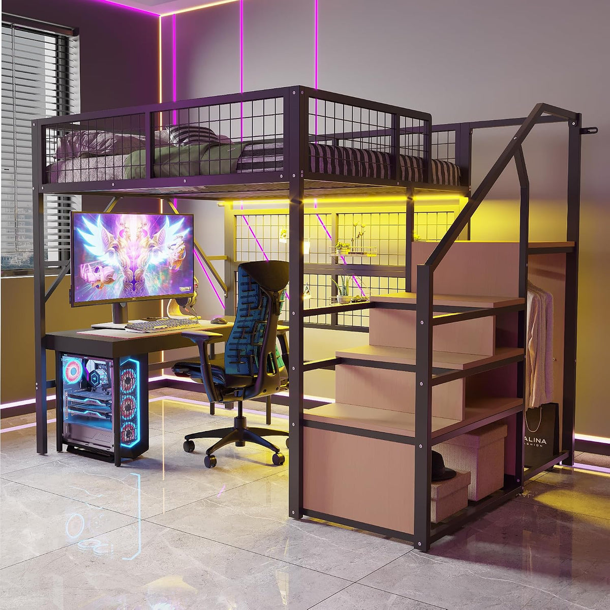 Merax Metall-Hochbett 140x200 cm, Schwarz (ohne Matratze), Leiter-Aufbewahrung und offenem Schrank, Stauraum unter dem Bett, mit LED-APP-Band