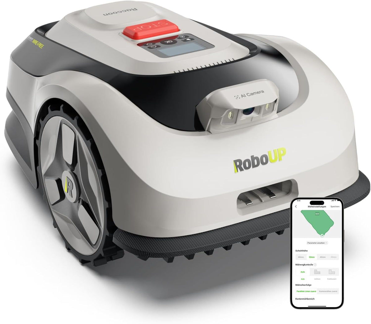 Raccoon 2 SE Mähroboter ohne Begrenzungskabel, Intelligenter KI Rasenmäher Roboter mit 5 Ah-Schnellladen-Akku, 3-8cm Schnitthöhe, Ohne RTK