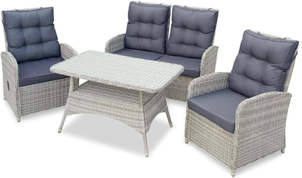Green Spirit, Tisch, 2 Sessel, für 4 Personen, Gartenmöbel-Set 4 teilig mit Bank, Garten Sitzgruppe Monte Carlo, Grau, Polyrattan, Sicherheitsglas