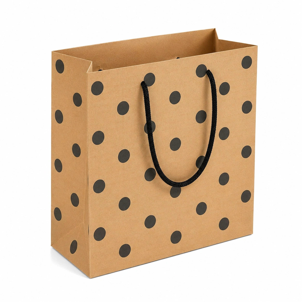 Geschenktüte 26 x 12 x 32 cm aus Papier braun schwarz mit Kordelgriffen gepunktet