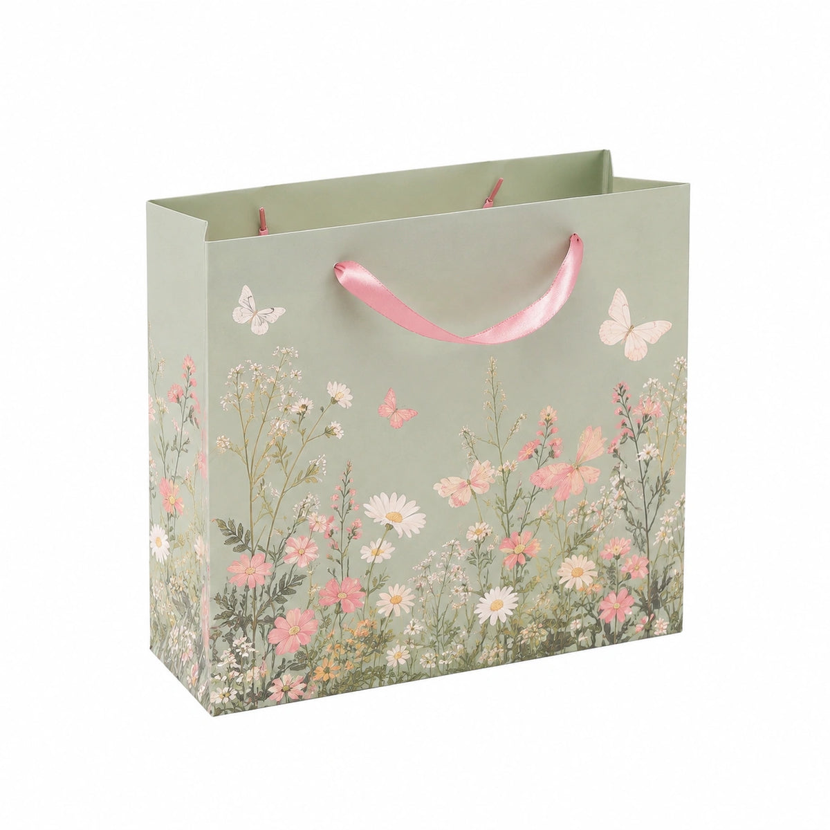 Geschenktüte 26 x 12 x 32 cm aus Karton Grün mit Satinband Blumendruck