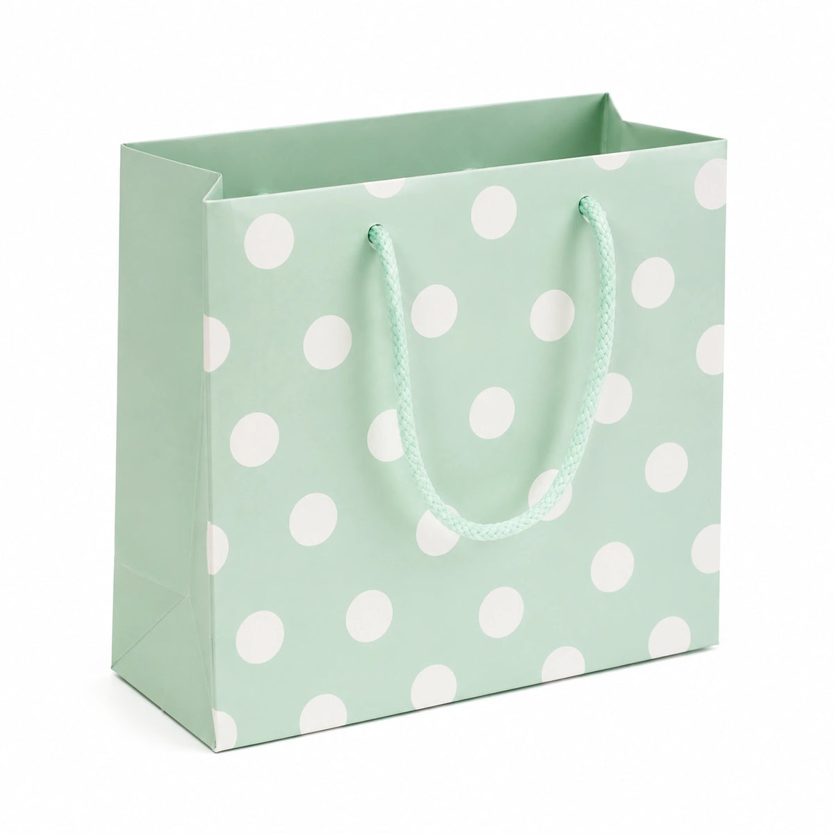 Geschenktüte 26 x 12 x 32 cm aus Papier in Mintgrün mit weißen Punkten und Kordelgriffen