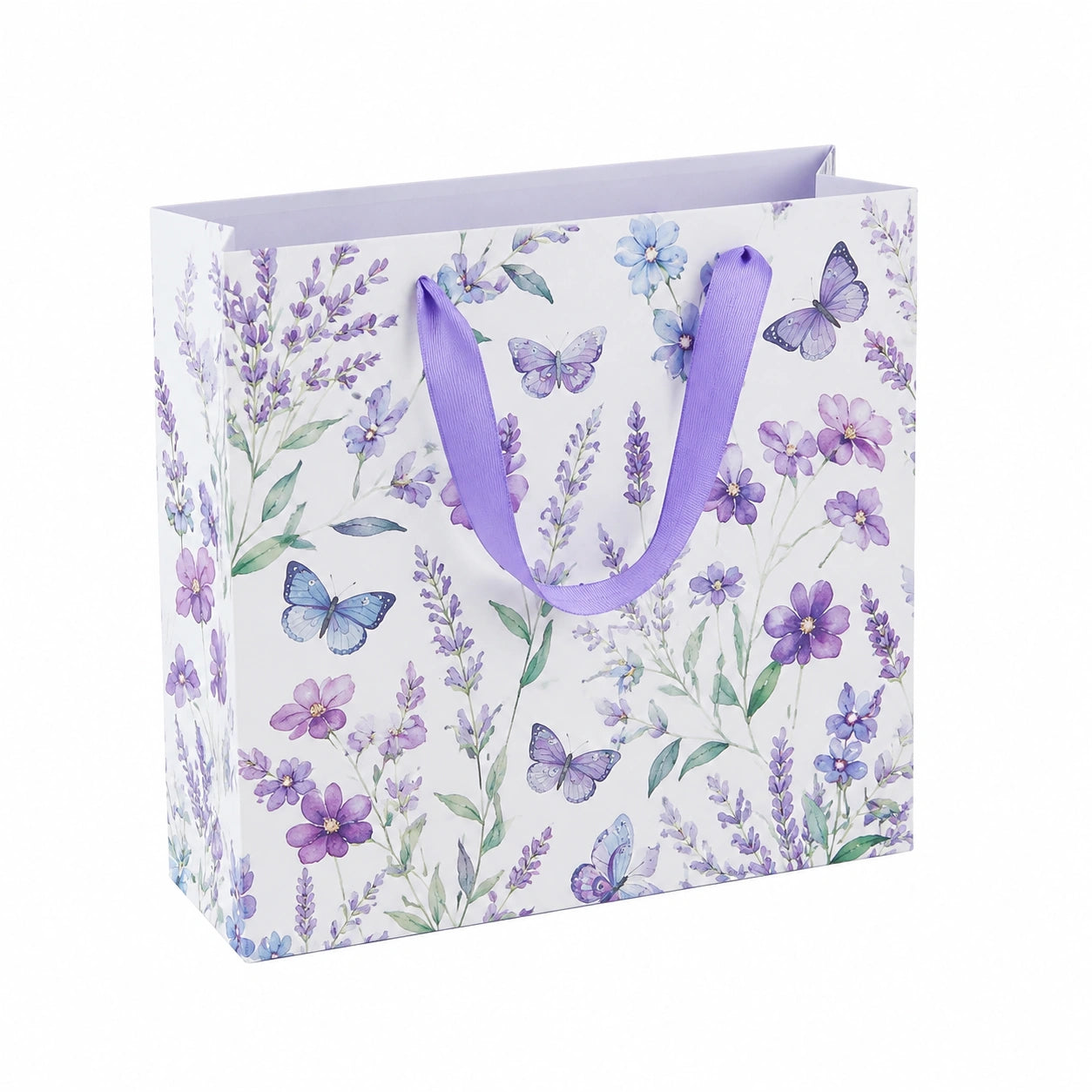 Geschenktüte 26 x 12 x 32 cm Papier Weiß Lila mit Bandhenkeln Blumenmotiv