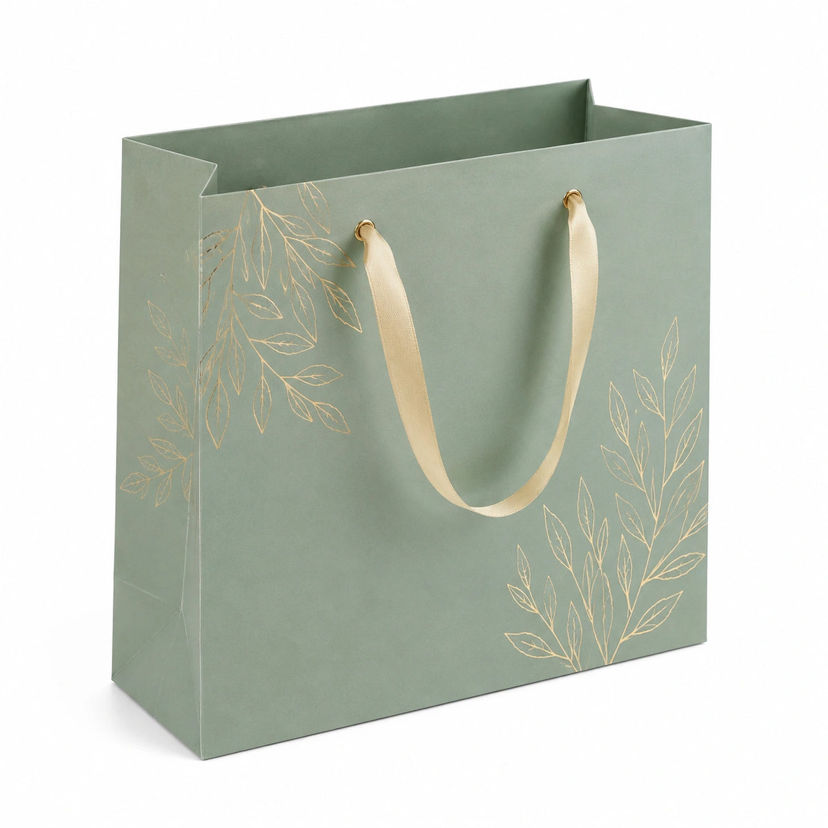Geschenktüte 32 x 12 x 26 cm Papier Salbeigrün mit Stoffhenkeln Blattmotiv