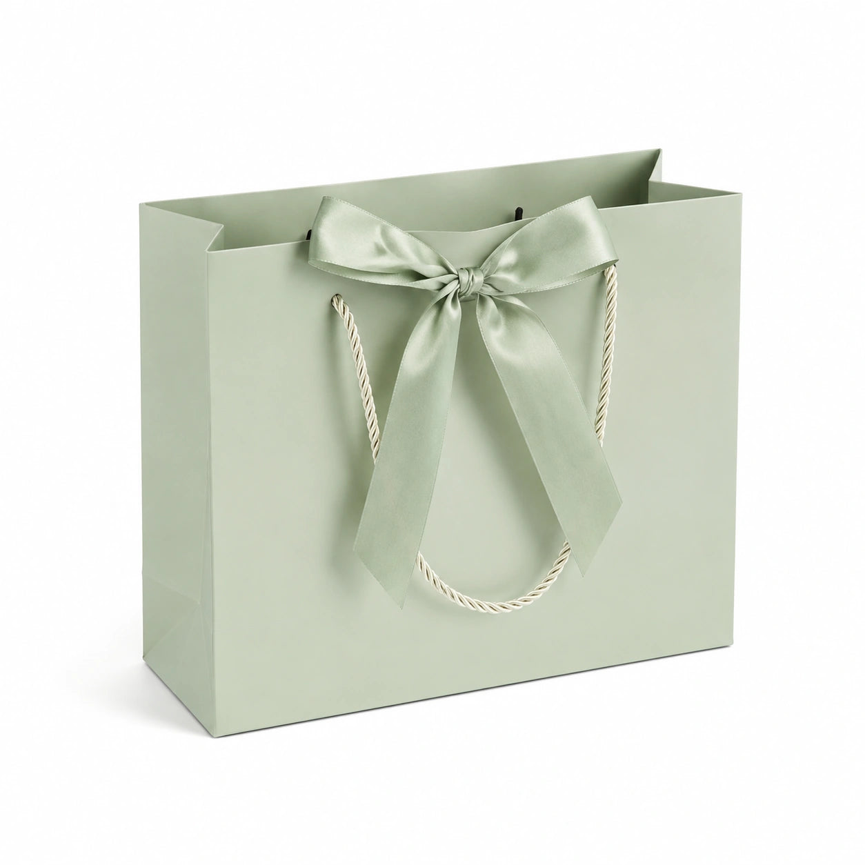 Geschenktüte 30 x 12 x 25 cm aus Papier Hellgrün mit Schleife und Kordelgriffen