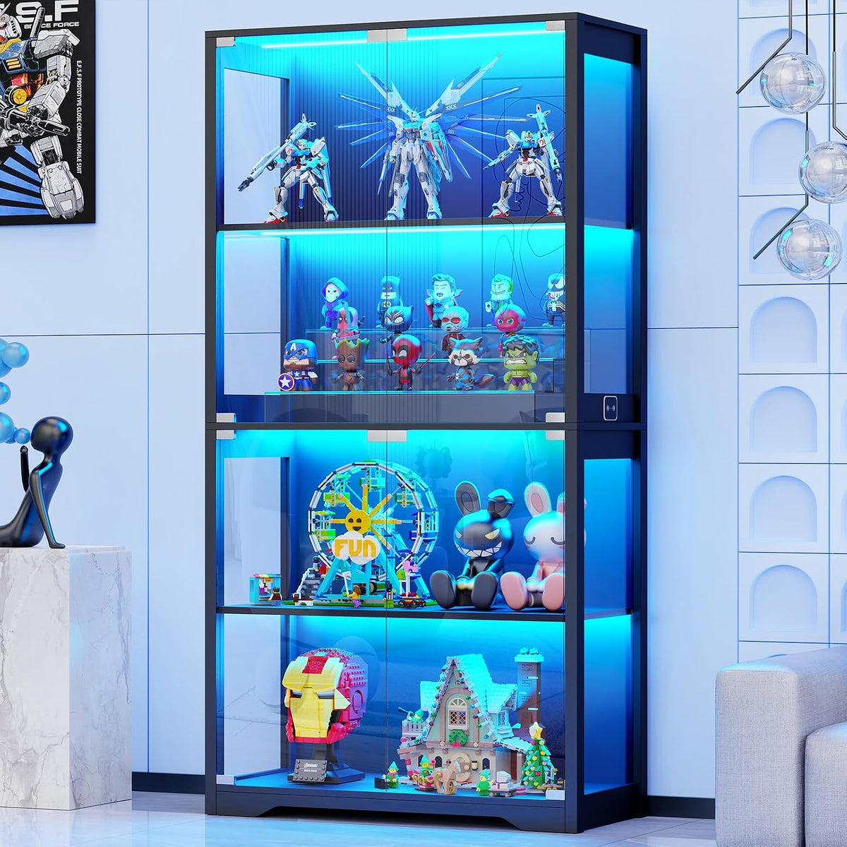 BROTTAR Beleuchtete Glasvitrine mit LED Sensor, 4 Etagen Sicherheitsglas Vitrine für Lego, moderner Vitrinenschrank & Standvitrine, Schwarz