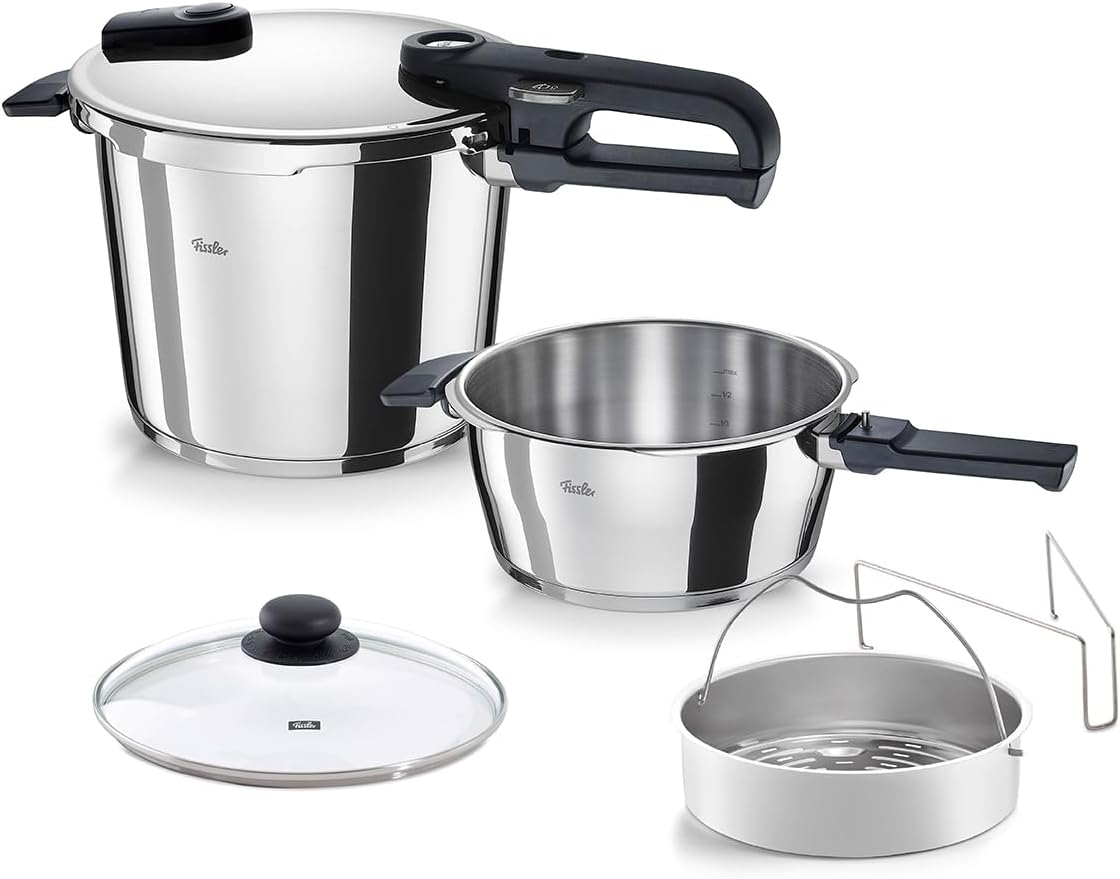 Fissler Vitaquick Edition/Schnellkochtopf-Set 6-teilg (2 Schnellkochtöpfe Ø 22 cm 3,5 L & 6 L) inkl. Metalldeckel, Glasdeckel, Einsatz, Induktion
