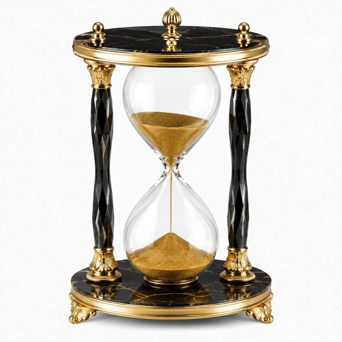 Sanduhr 40 cm aus Glas mit goldenem Dekorsand schwarzem Metallgestell im klassischen Stil