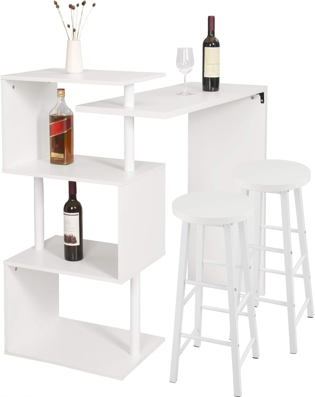 WOLTU Bartisch mit 2 Barhockern Set, 134x38x112cm, drehbarer Stehtisch mit 3 Ablagefläche, Bistrotisch mit Barstuhl aus Holz & Metall, Weiß