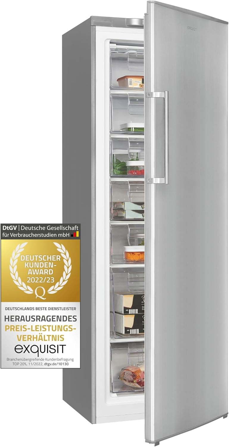 Exquisit GS280-HE-040D Gefrierschrank inoxlook, Tiefkühlschrank Gross 242 Liter, Gefrierschrank Gross, 4* Schnellgefrieren, Türanschlag wechselbar