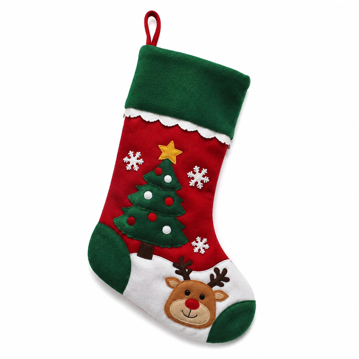 Weihnachtsstrumpf 45 cm aus Filz Rot Grün mit Aufhängeschlaufe und Rentiermotiv