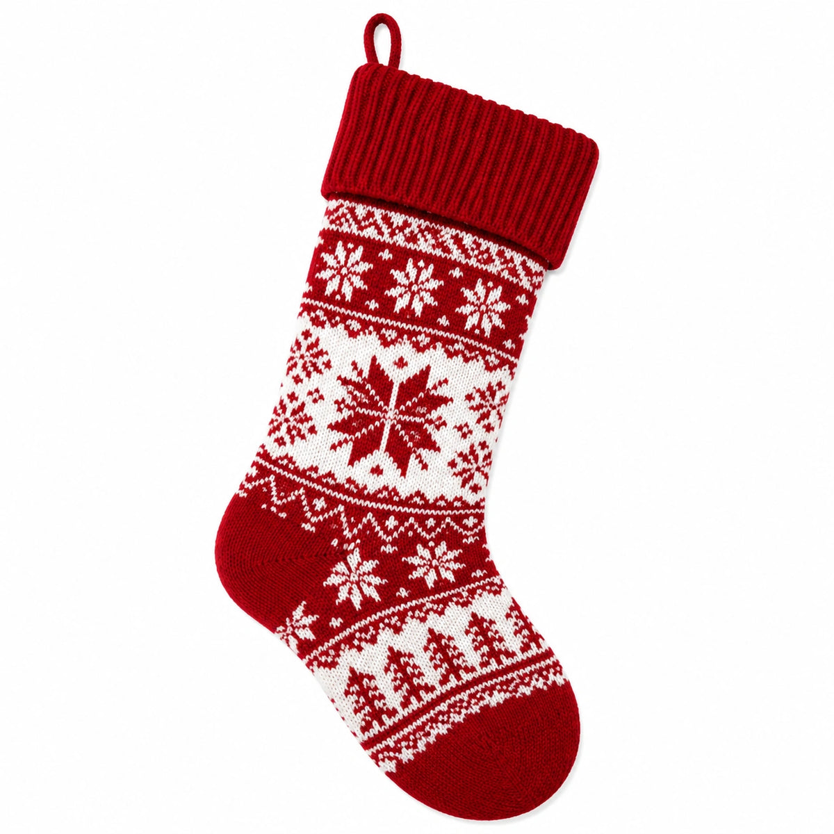 Weihnachtsstrumpf 45 cm aus Stricktextil Rot Weiß mit Schneeflockenmuster zum Aufhängen