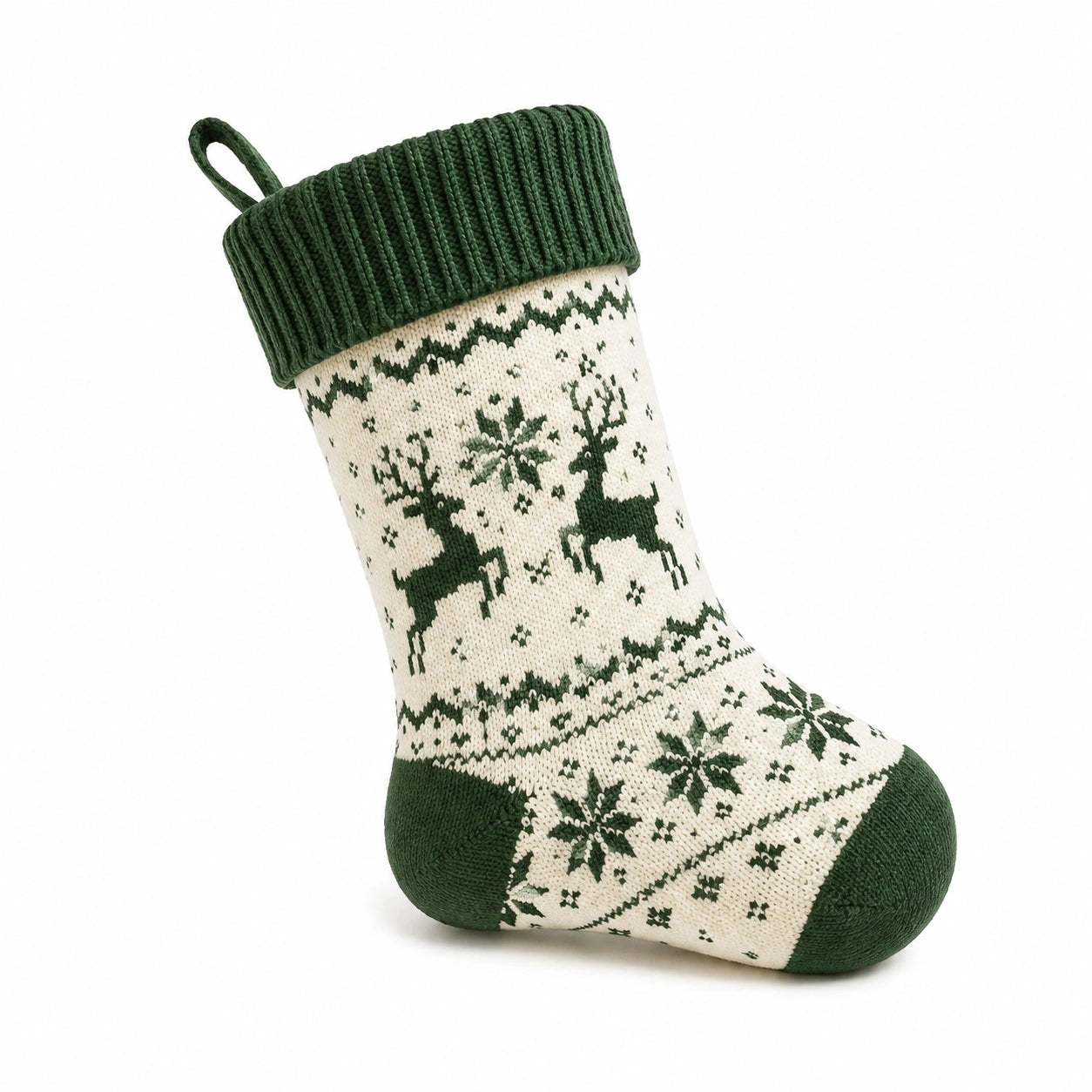 Weihnachtsstrumpf Einheitsgröße aus Stricktextil in Dunkelgrün Cremeweiß mit Rentiermotiv zum Aufhängen