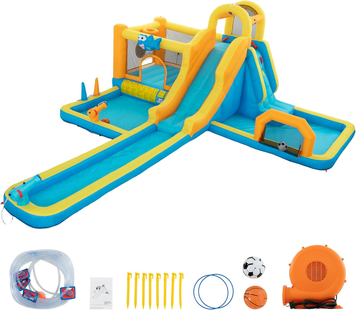 UEV Aufblasbarer 9-in-1 Hüpfburg XXL mit Gebläse, EN71-1/2/3, 590x502x220cm, Kletterwand, Springen, Wasserpistole, Ballspielplatz