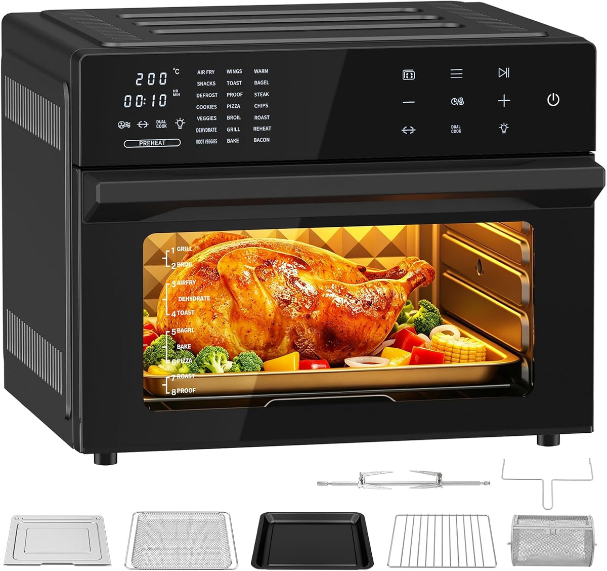 Heißluftfritteuse XXL 30L, 1800W, Heißluftofen mit LED-Touchscreen, Umluft, 21 Programme, 2 Kochmodi, 8h Timer, inkl. Rezeptbuch und 7 Zubehörteilen