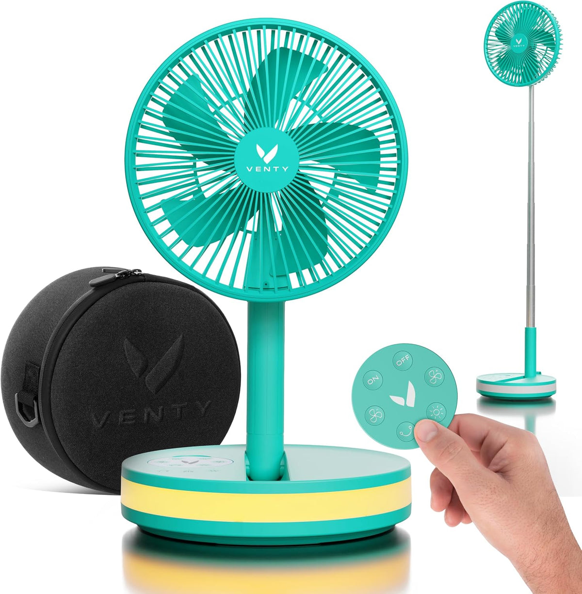 VENTY Tragbarer Ventilator, kabelloser batteriebetriebener Ventilator, 4 Geschwindigkeiten, LED-Beleuchtung, Tragetasche und Fernbedienung