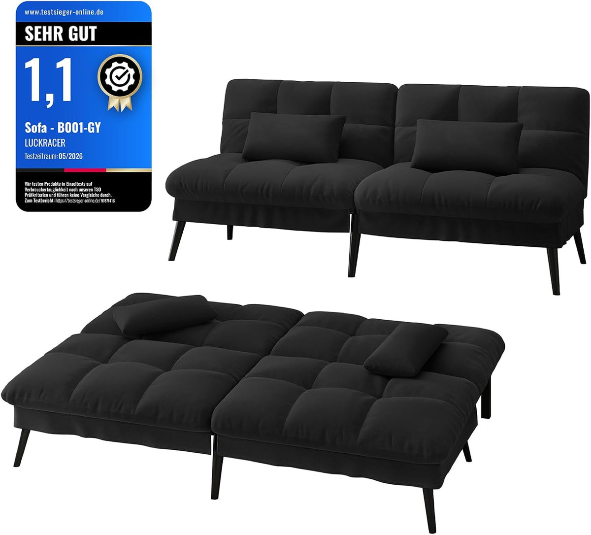 LUCKRACER Sofa 3 Sitzer Sofa Schlafsofa mit Schlaffunktion, für Wohnungen Wohnzimmer aus Stoff Schwarz, überzug Futon Klappsofa, Bettcouch, ecksofa