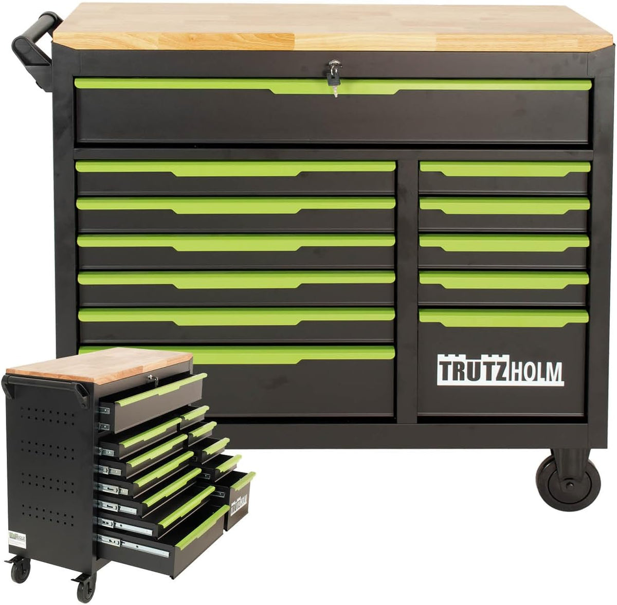TRUTZHOLM Werkstattwagen Star XL 12 Schubladen unbestück Hartholz-Arbeitsplatte schwarz/grün 103 x 112 cm mit Feststellbremsen, abschließbar