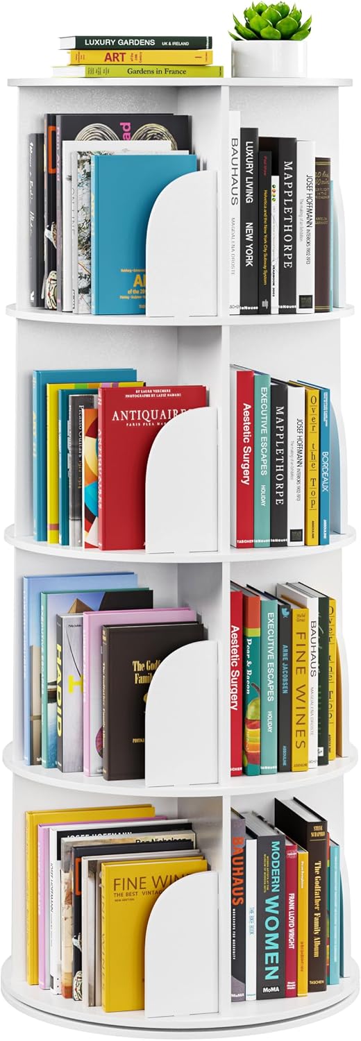 SpaceAid 4-Etagen-Drehbares Bücherregal, Lazy Susan, 360°-Drehung, Aufbewahrung, Rundes Karussell, Eck-Organizer, Weiß