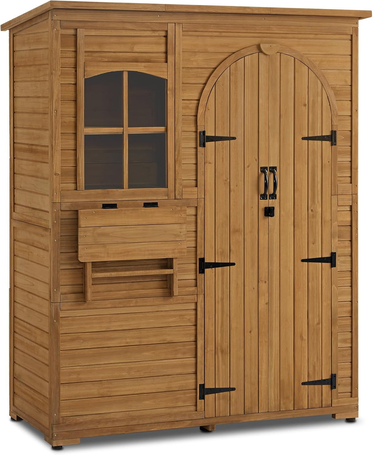 M MCombo Gartenschrank Geräteschuppen Holz Wetterfest, Aufbewahrungsschrank mit 3 Regale 73×144×185 cm (Natur)