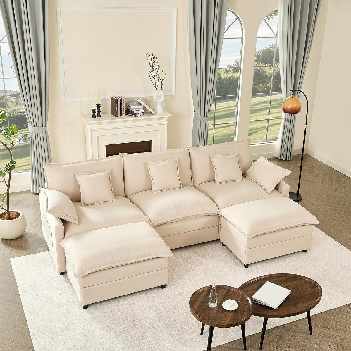U-förmiges modulares Sofa 3-Sitzer Ecksofa mit Hocker, Cloud Couch für Wohnzimmer(Beige), tiefes Sitzdesign