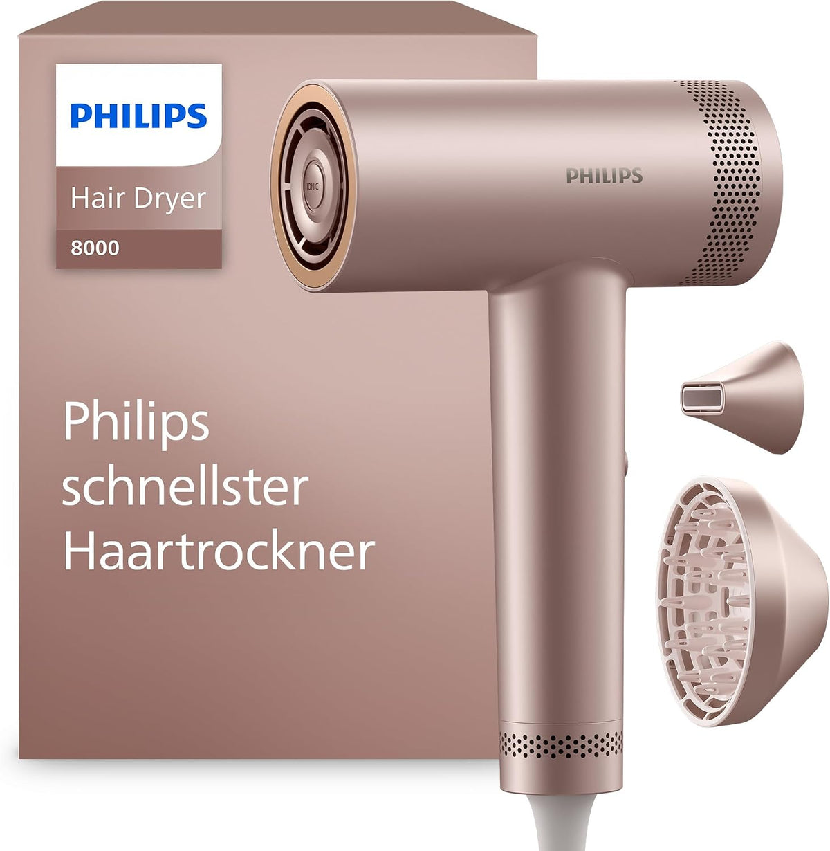 Philips Haartrockner Series 8000, Modell BHD837/10, 1400 W, mit Stylingdüse und Diffusor, Kopfhautpflege, Rosé Champagner