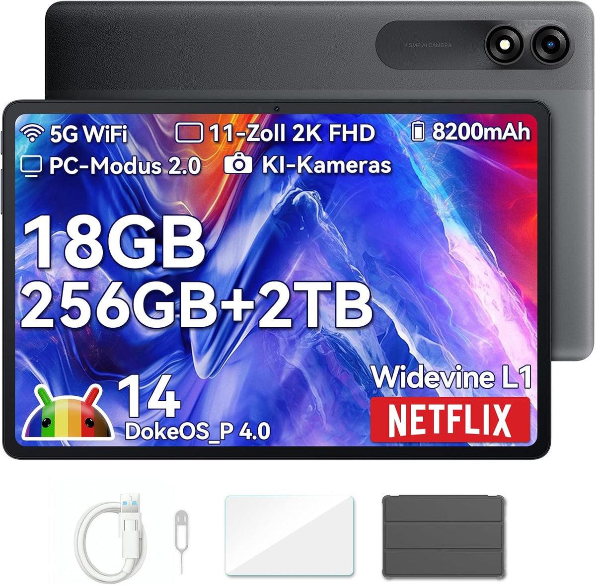 Blackview Tab9WiFi 11 Zoll Tablet Android 14 2K FHD+, 8200mAh, 18GB + 256GB(TF 2TB), 13MP + 8MP, Octa-Core Gaming Tablet mit Schutzhülle, Gemini AI