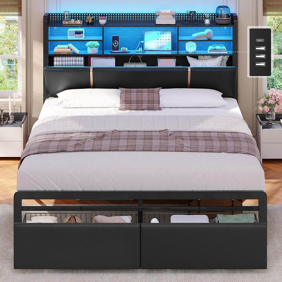 Bett 140x200 cm, Polsterbett mit LED-Beleuchtung, Bettrahmen mit 2 Schubladen, Regalkopfteil mit Stauraum, Doppelbett mit Lattenrost, für Schlafzimmer