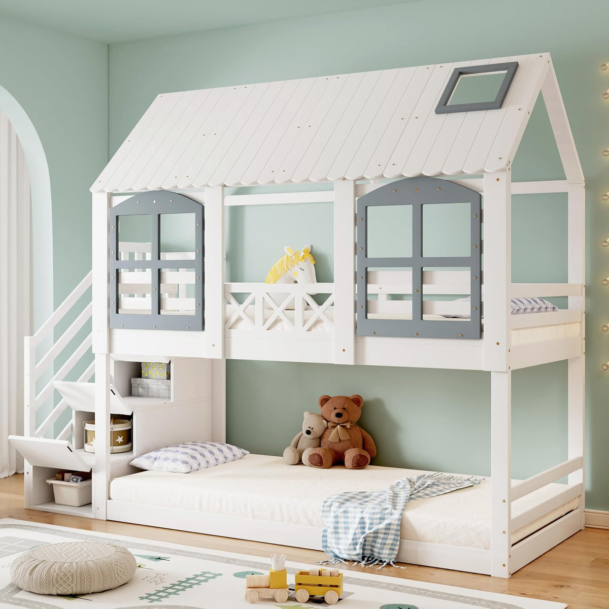 Merax Etagenbett 90x200cm, Kinderbett Hochbett für 2 Kinder, Baumhausbett mit Rausfallschutz & Lattenrost, Hausbett mit Dach & Fenster, Jugendbett