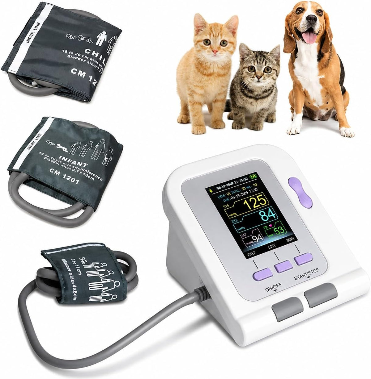 Digital Veterinary BP Monitor, 3 Manschetten für Hund Katze Haustiere, 3 Modi Elektronisches Blutdruckmessgerät, Tierpflegegeräte