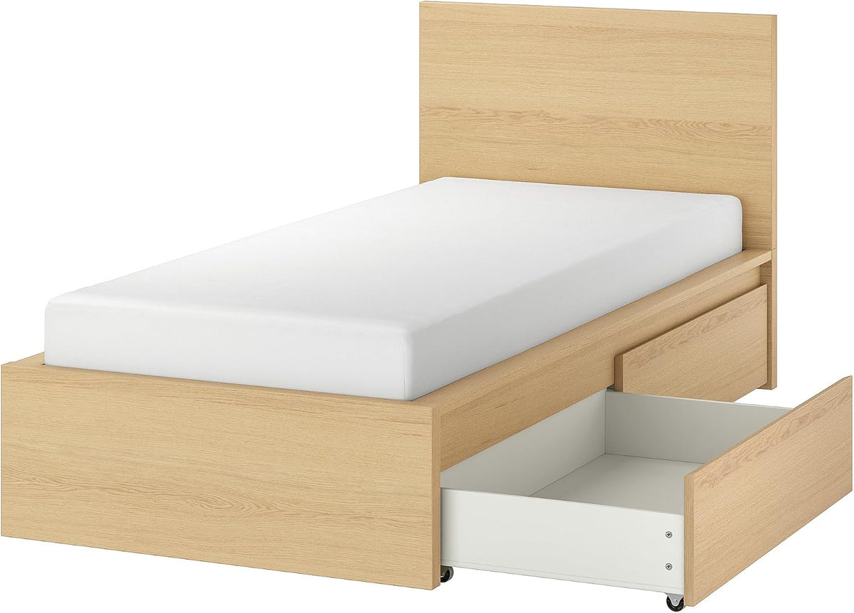 IKEA MALM Bettgestell, 90x200 cm, mit 2 Aufbewahrungsboxen, hoch, Eichenfurnier weiß gebeizt/Luröy