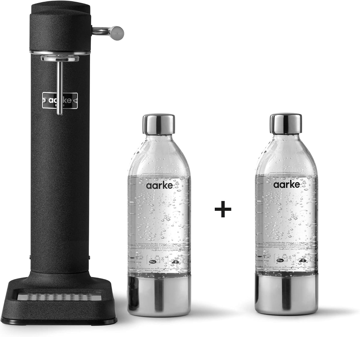 Aarke Carbonator 3, kompatibel mit 60L CO2-Zylindern, Wassersprudler aus Edelstahl im modernen Mattschwarz Finish mit 2x BPA-freier 1L PET-Flasche