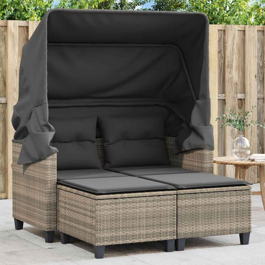 Willood Gartensofa 2-Sitzer mit Dach und Hockern Hellgrau Poly Rattan Outdoor Sofa Gartenmöbel, mit Vordach, Garten Lounge Set Terrasse