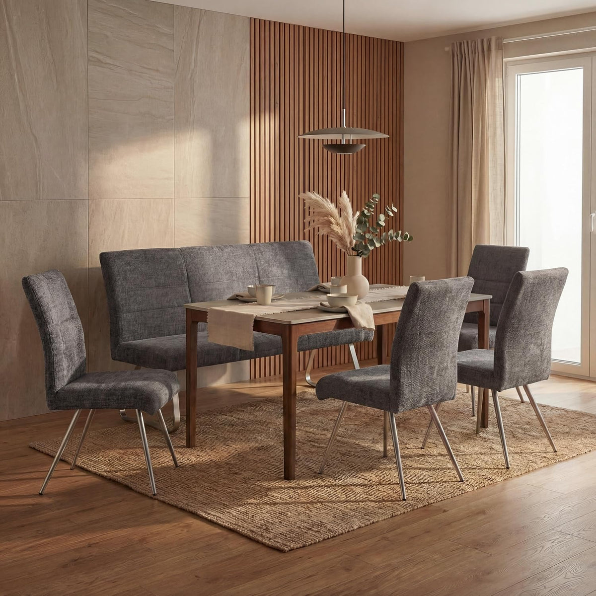 Mendler Esszimmer-Set HWC-G55 4er-Set Stuhl + Sitzbank 160cm, dunkelgrau