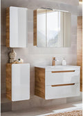 Lomadox Badezimmermöbel Set mit 81 cm Waschtisch & LED-Spiegelschrank, Hochglanz weiß mit Wotan Eiche Nb., Hängschrank, Unterschrank