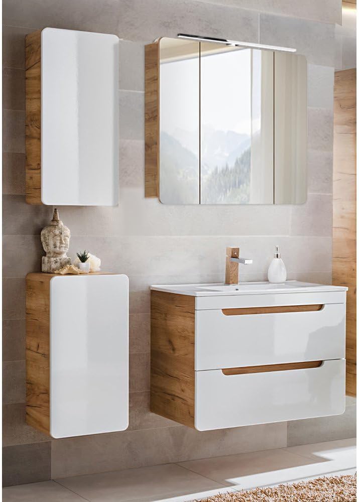 Lomadox Badezimmermöbel Set mit 81 cm Waschtisch & LED-Spiegelschrank, Hochglanz weiß mit Wotan Eiche Nb., Hängschrank, Unterschrank