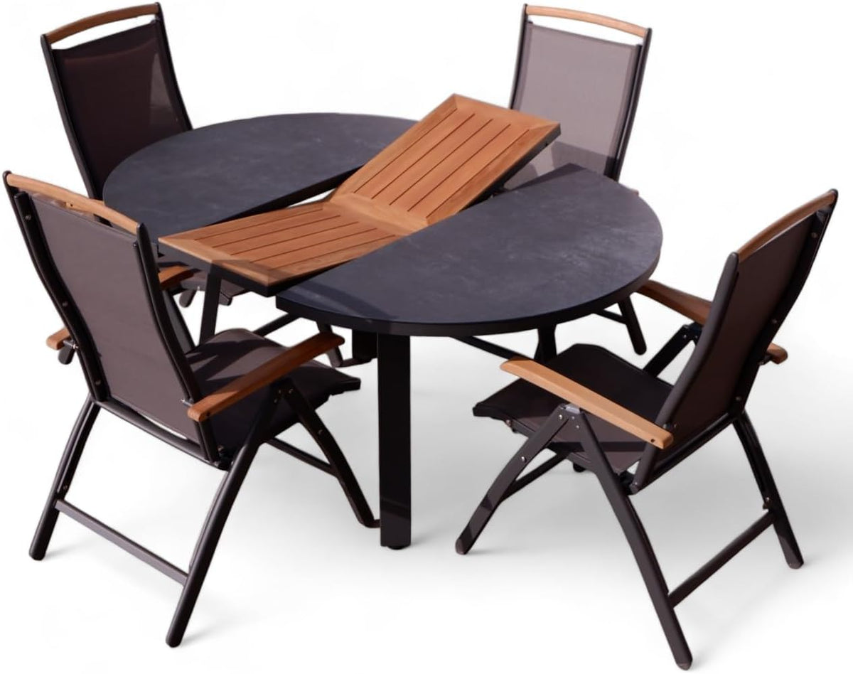 ALEOS. Gartengarnitur Gartenset Aluminium Teak Set mit rundem Ausziehtisch 120cm auf 160cm ausziehbar + 4 Hochlehner anthrazit Trinidad