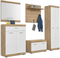 NOLA Flurgarderoben Set in Artisan Eiche Optik, Modernes Garderobenset 5-teilig für Ihren Eingangsbereich, 255 x 195 x 38 cm (B/H/T), Weiß Hochglanz