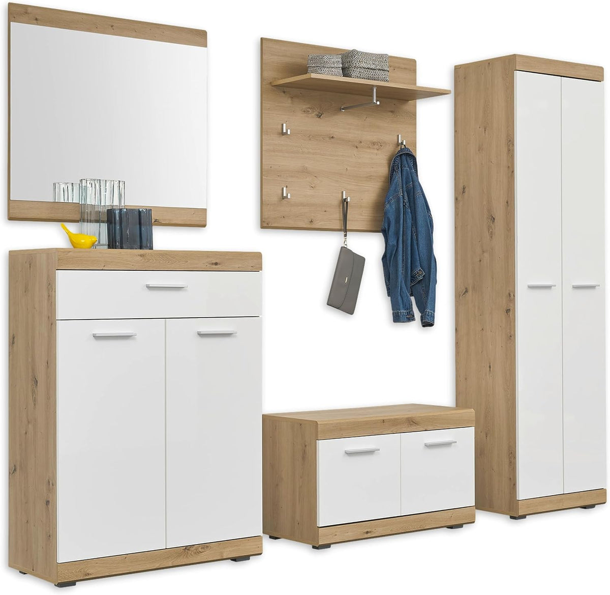 NOLA Flurgarderoben Set in Artisan Eiche Optik, Modernes Garderobenset 5-teilig für Ihren Eingangsbereich, 255 x 195 x 38 cm (B/H/T), Weiß Hochglanz
