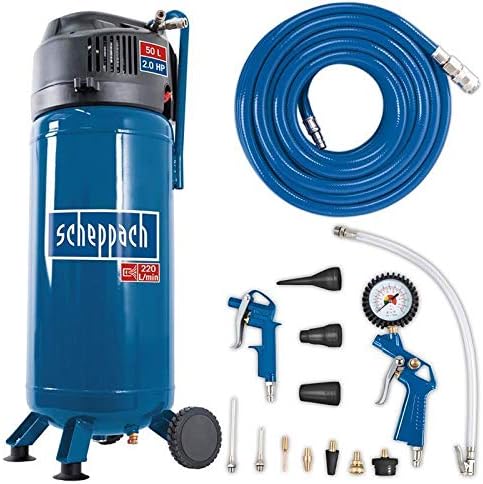 Scheppach Kompressor HC51V (1500W, 50 L, 10 bar, Ansaugleistung 220 l/min, Druckminderer, ölfrei, stehende platzsparende Bauweise) - inkl. 13-teiligem