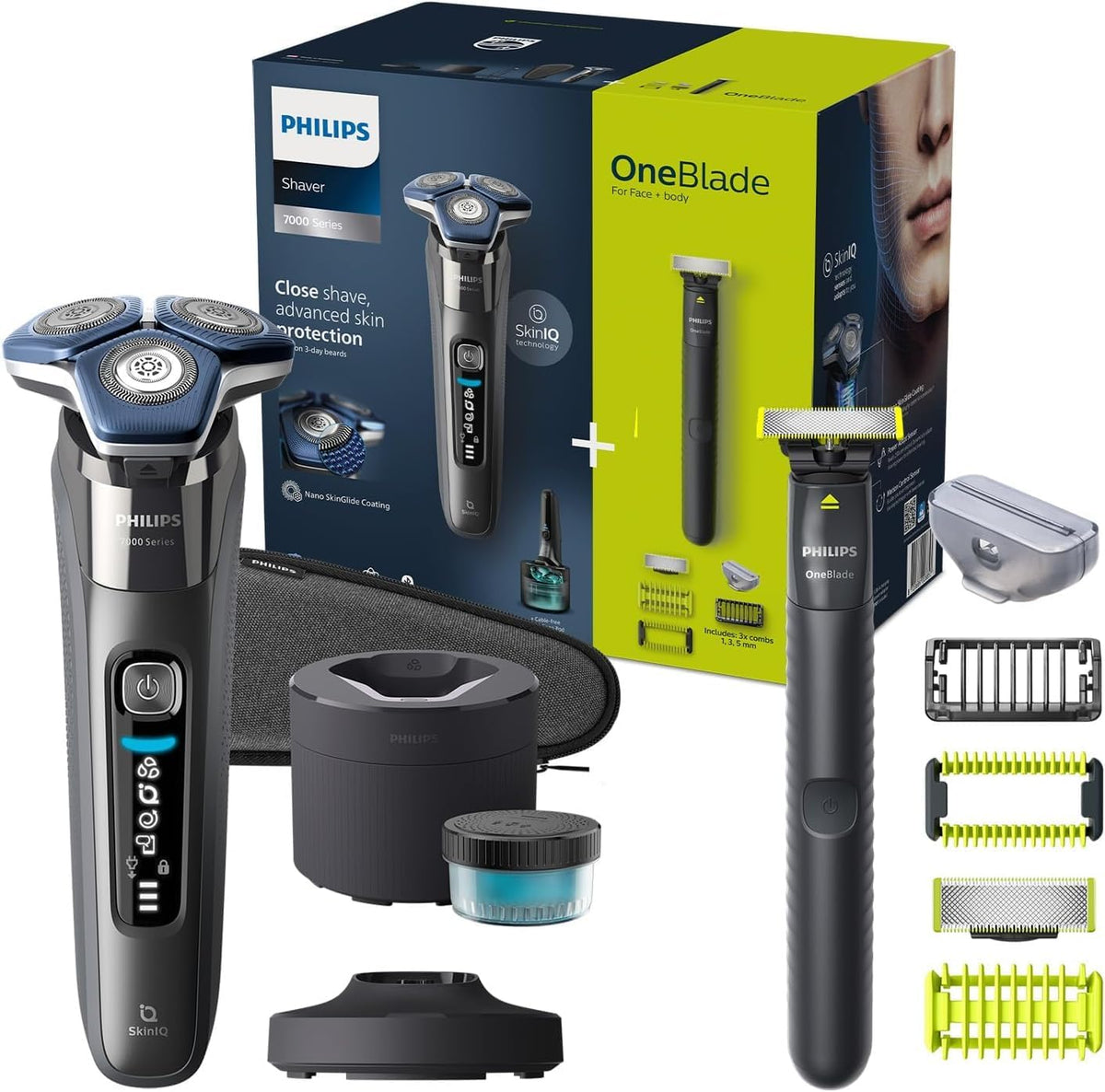 Philips Shaver S7000, Reinigungsstation & -kartusche & Philips OneBlade (Modelle S7887/78), elektrischer Rasierer für Herren mit ausklappbarem Trimmer