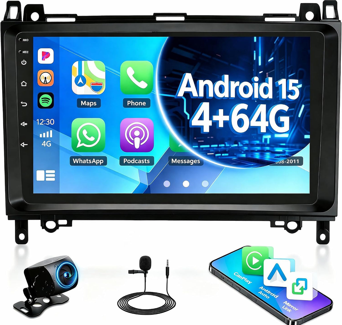 4GB+64GB Android 15 Autoradio 9 Zoll für Mercedes Sprinter W639 W906 A-Klasse W169 B-Klasse W245, Kabelloses CarPlay Android Auto, GPS Navi