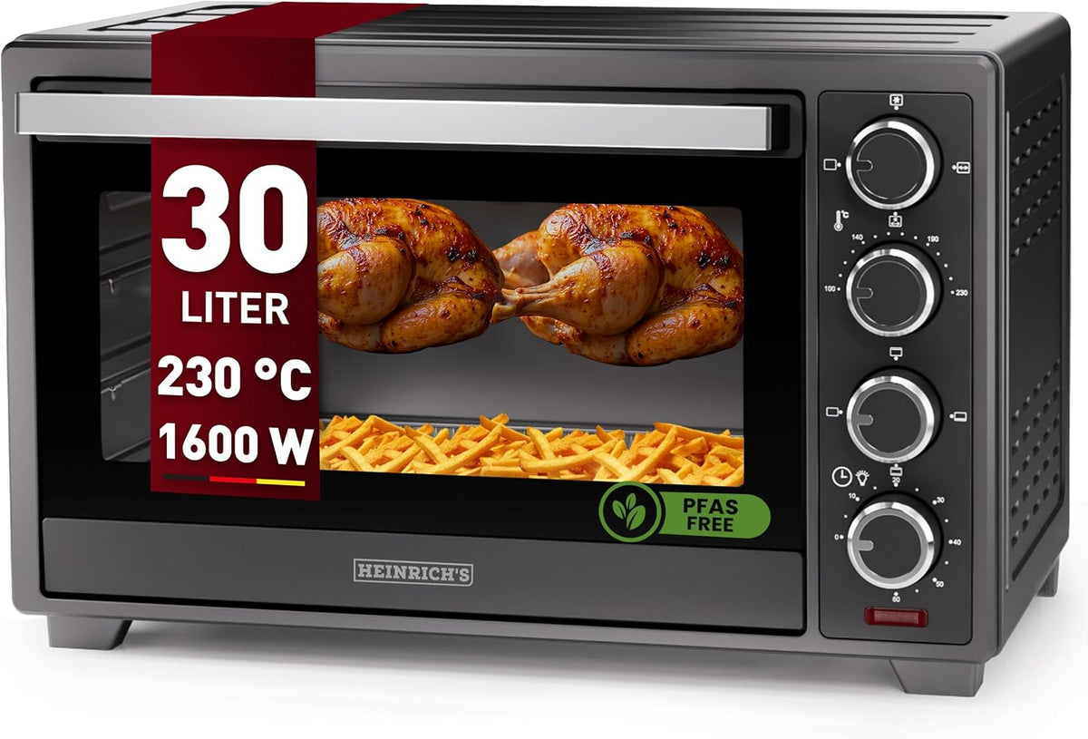 Heinrich´s Minibackofen mit Umluft 30L, 1600W, Backofen klein mit Drehspieß, 100-230 °C, mit großem Sichtfenster, Airfryer-Einsatz inkl. Timer