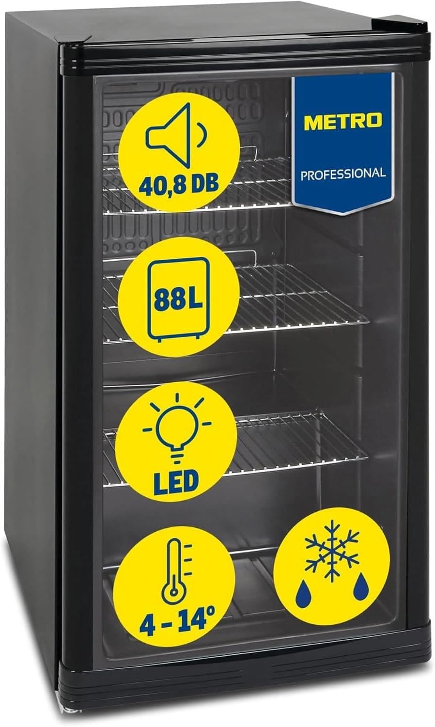 METRO Professional Mini-Kühlschrank GPC1088, 1.052 kWh/24h, 88 L, 3 Edelstahl-Drahtböden, schwarz